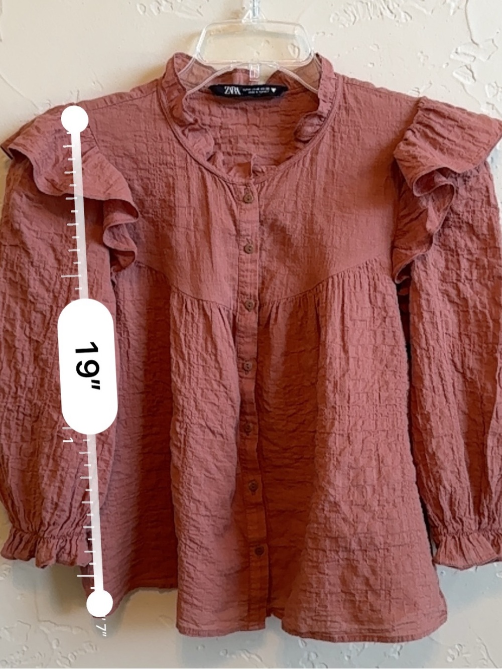 Zara Mauve Button-Front Ruffle Blouse - Picture 2 of 5